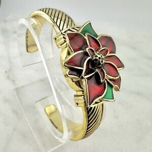 Vintage Gold Tone Enamel Poinsettia Cuff Style Bracelet Watch, Has New Battery